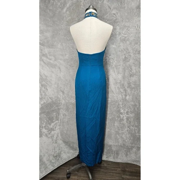 Alyce Design Teal 100% Silk Beaded Sequin Halter Gown Dress Vintage Prom Mermaid - Picture 3 of 9